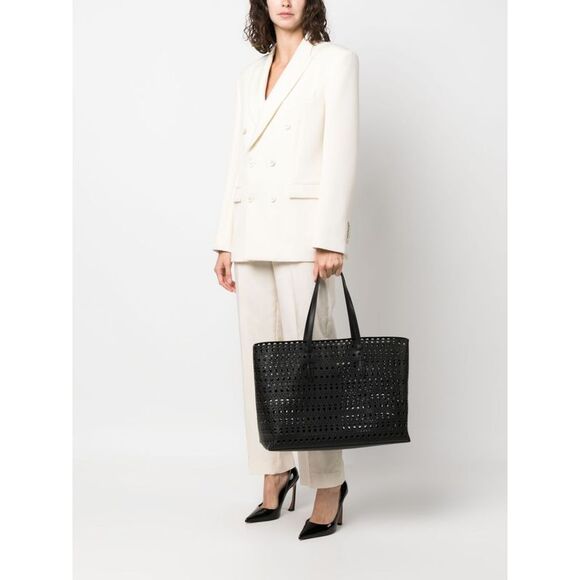 Perforated Leather Tote Handbag for Women in Black - Picture 2 of 4